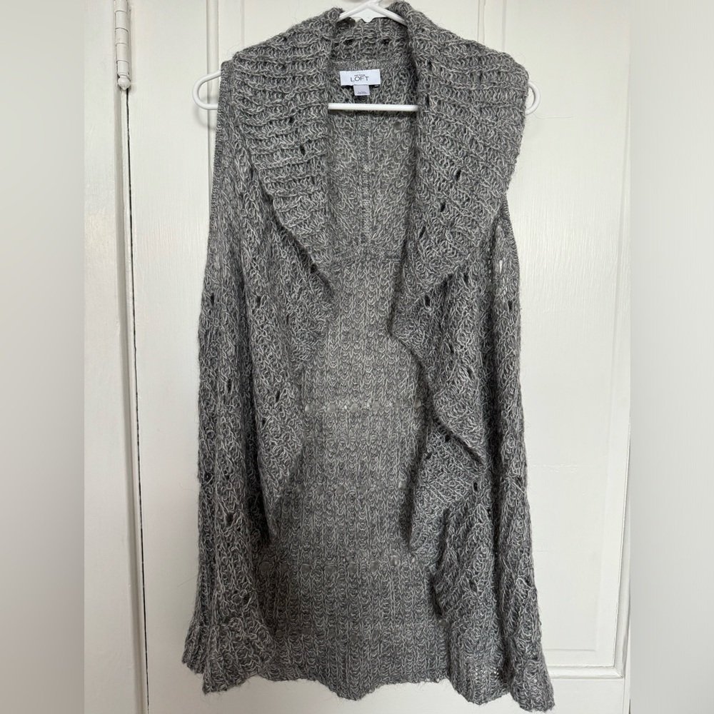 Ann Taylor LOFT Shawl Collar Open Cardigan Sweater Vest, gray, size L/XL